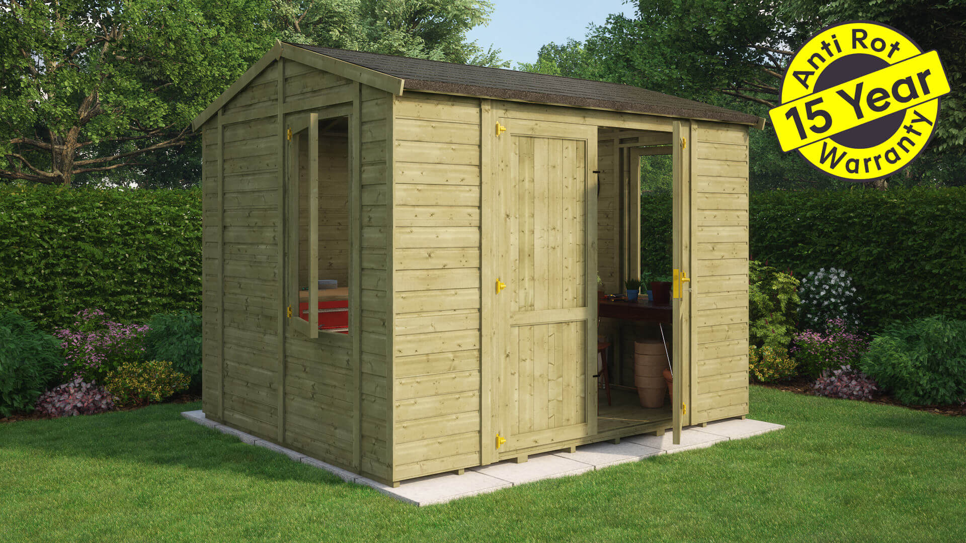 10 X 8 Wooden Garden Sheds Free Uk Delivery Grandmaster 10x8 Central Door Work Tg Roof And Floor Pressure Treated 15 Year Warranty
