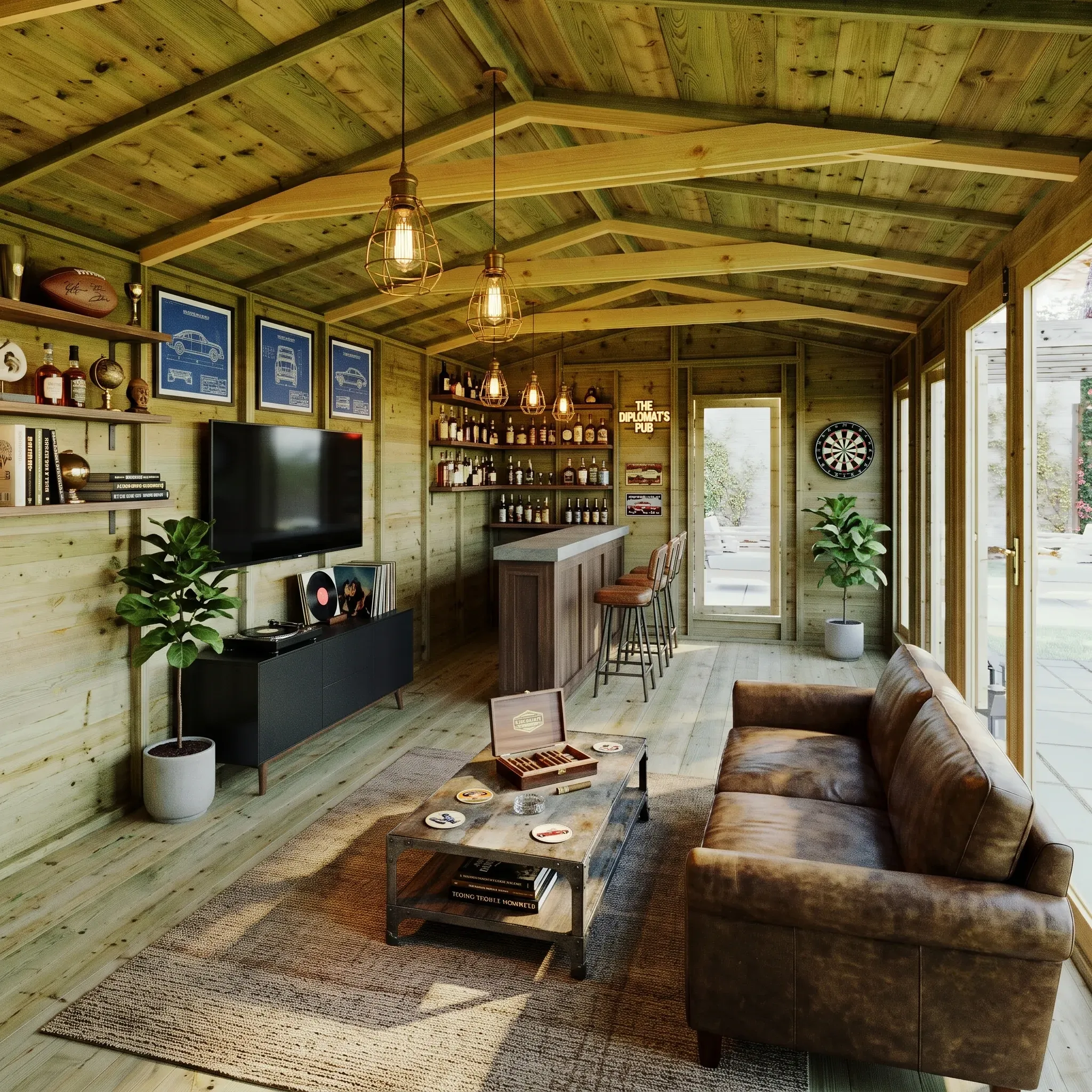 A summerhouse set up for entertaining with a bar