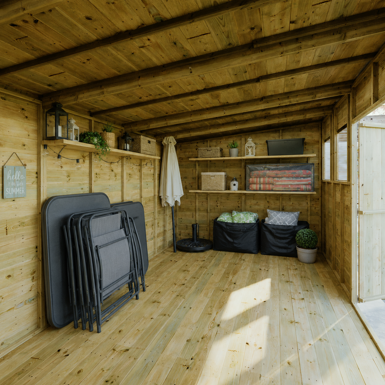 A garden shed storing furniture