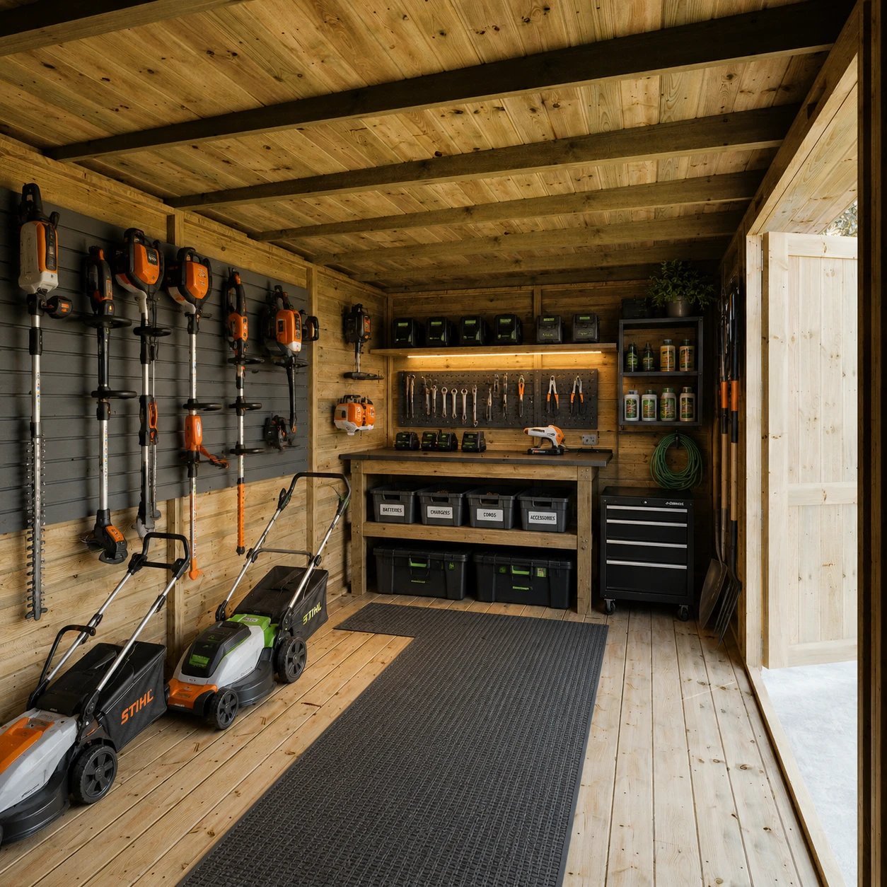 A garden workshop used to store garden machinery