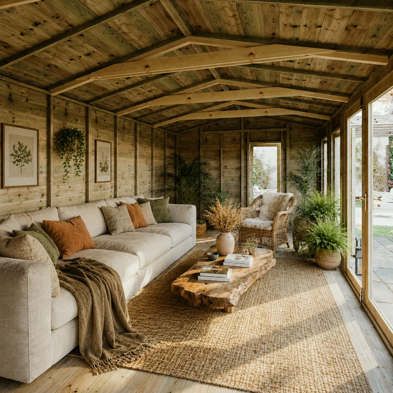 A summerhouse set up as a garden lounge