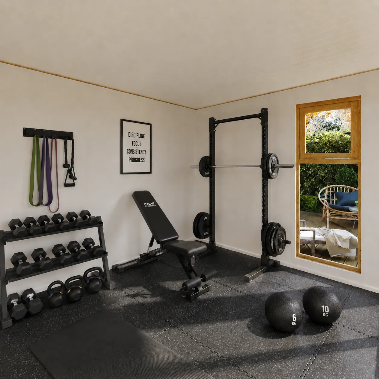 A My Den garden office used as a gym
