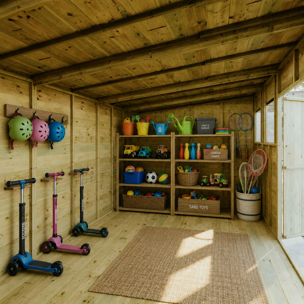 A garden shed storing outdoor toys