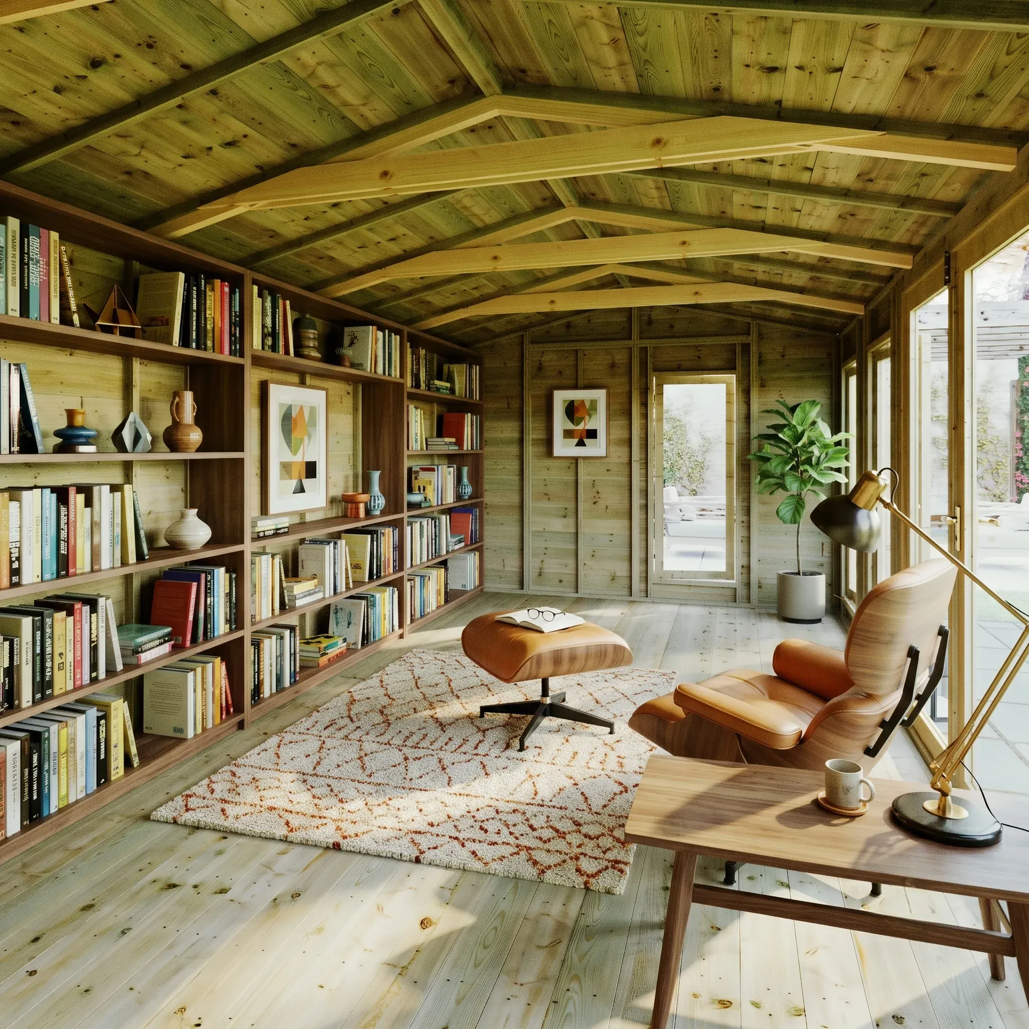 A summerhouse set up as a reading nook
