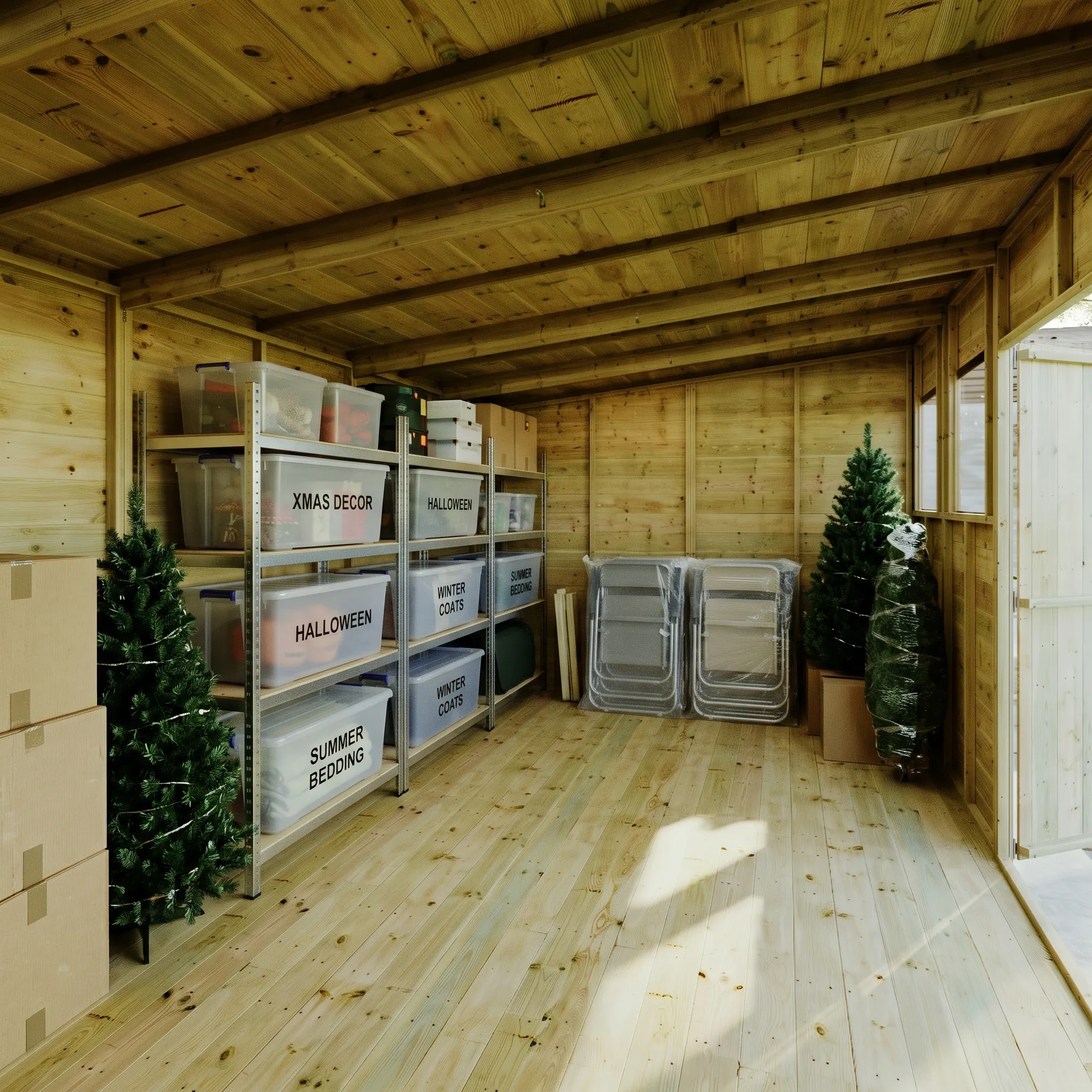 A garden shed used for seasonal storage