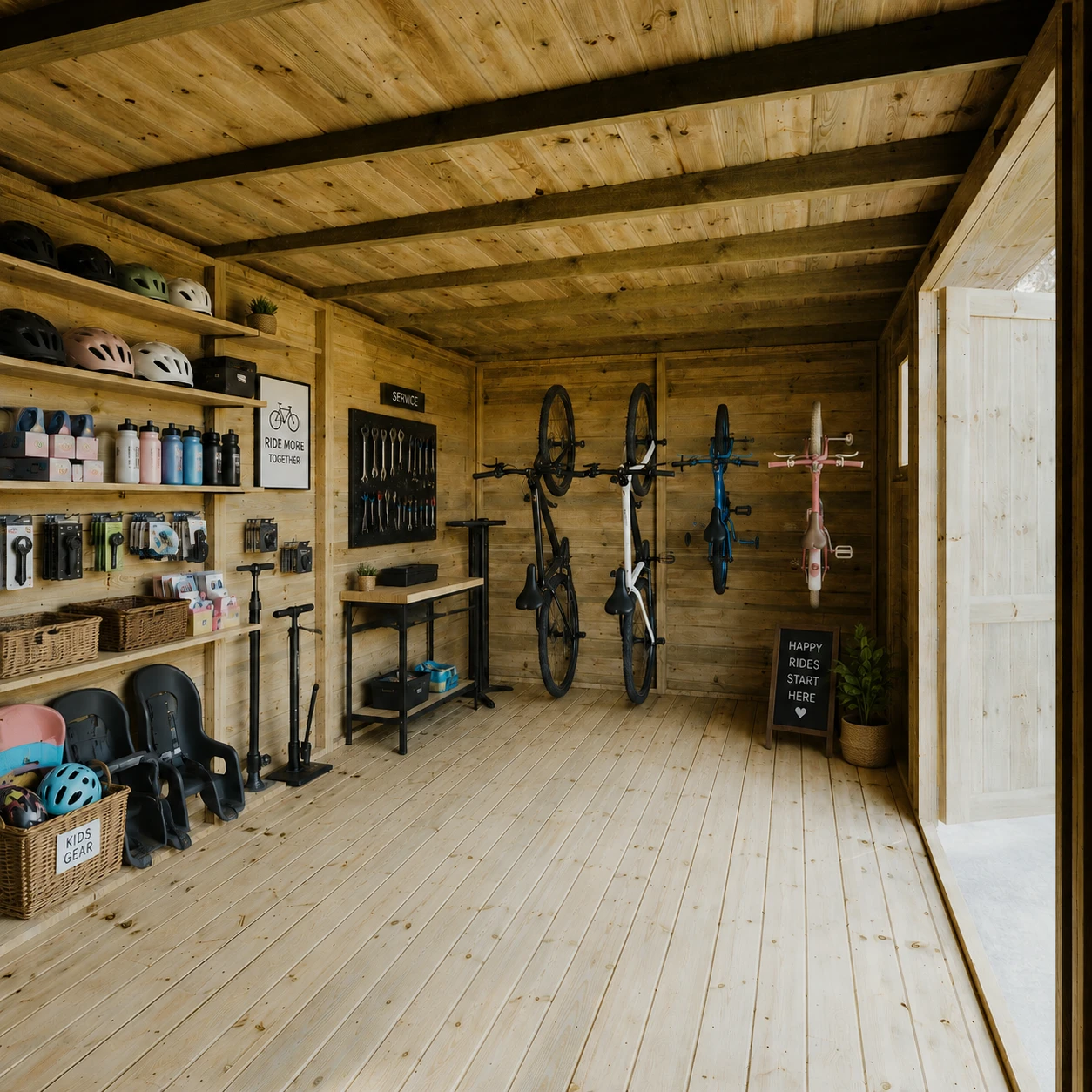 A garden workshop used as a tool and bike store