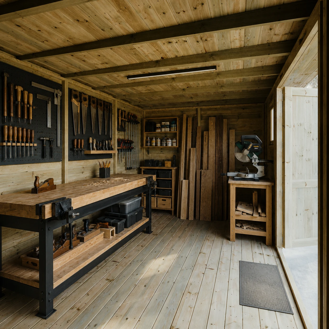 A garden workshop set up for woodworking